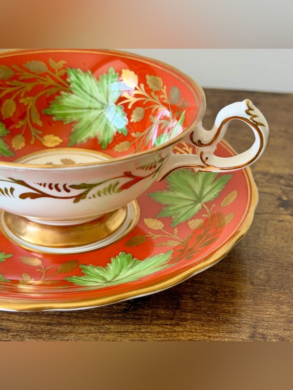 Vintage Royal Chelsea Bone China Teacup and Saucer Orange Gold Green Leaves